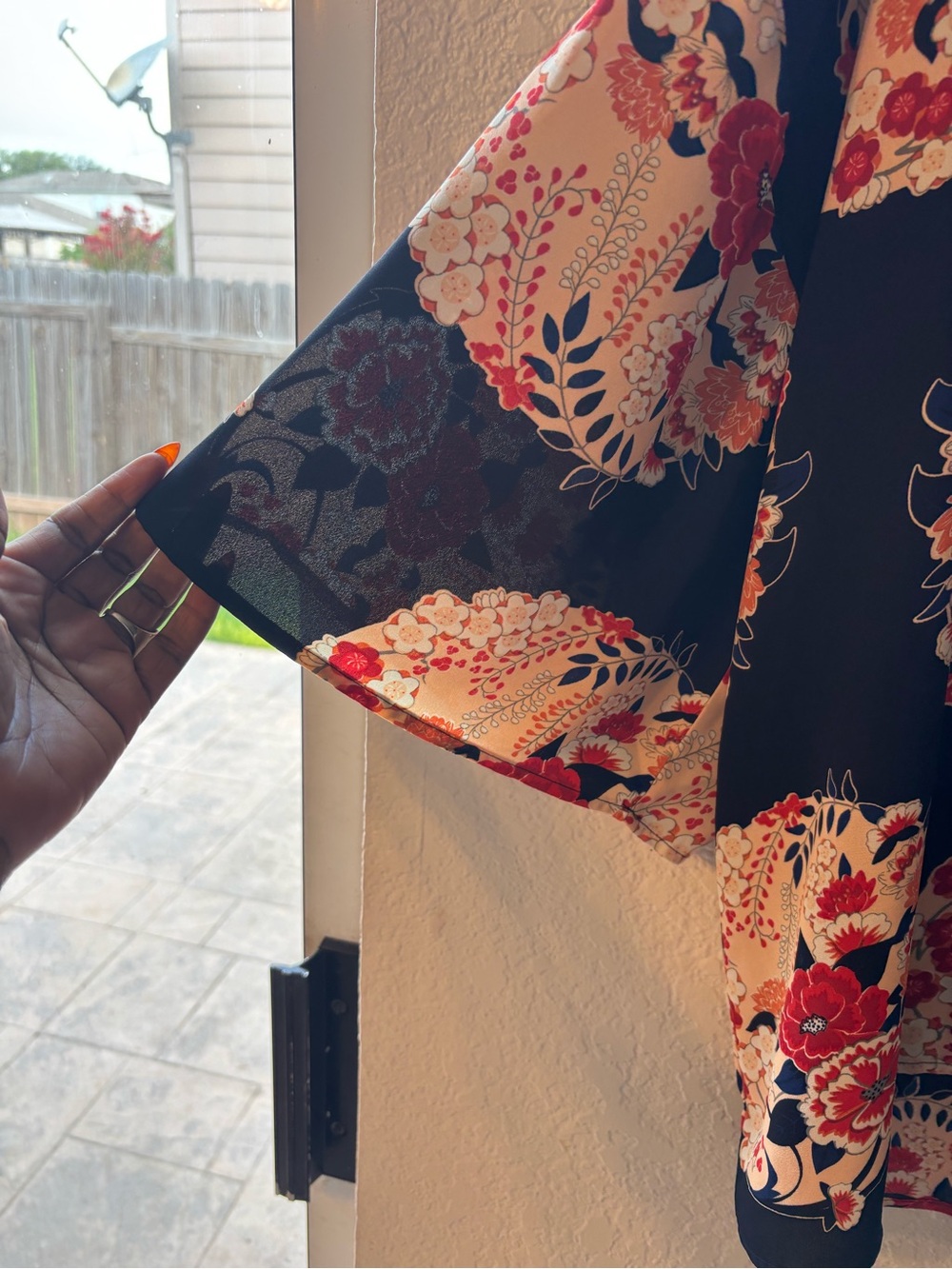 Navy blue/ Orange Floral Open-Front Kimono Cardigan - size S Boho cottagecore - Picture 4 of 10